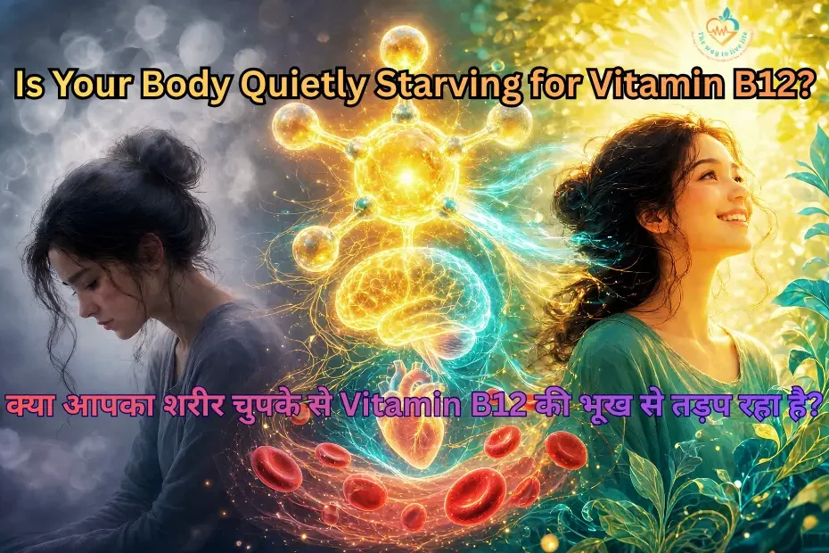 Illustration showing transformation from Vitamin B12 deficiency (tired woman with brain fog on left) to full vitality (energetic smiling woman on right), with glowing B12 molecule, brain, heart, and healthy red blood cells symbolizing restored energy, nerve health and mental clarity