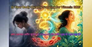 Illustration showing transformation from Vitamin B12 deficiency (tired woman with brain fog on left) to full vitality (energetic smiling woman on right), with glowing B12 molecule, brain, heart, and healthy red blood cells symbolizing restored energy, nerve health and mental clarity