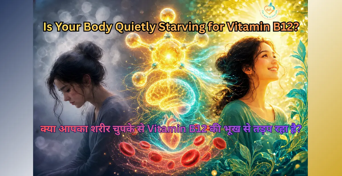 Illustration showing transformation from Vitamin B12 deficiency (tired woman with brain fog on left) to full vitality (energetic smiling woman on right), with glowing B12 molecule, brain, heart, and healthy red blood cells symbolizing restored energy, nerve health and mental clarity